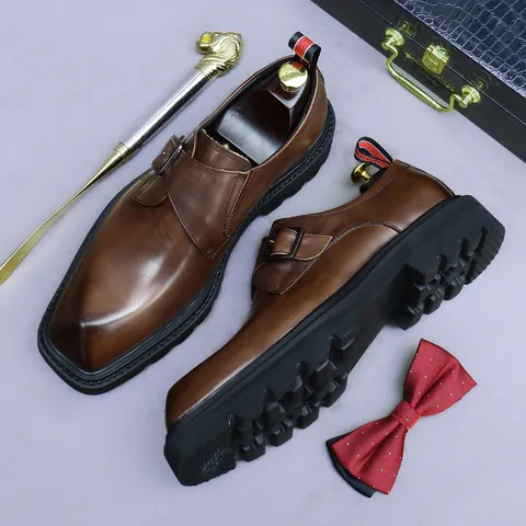 Scarpe Monk da Uomo in Vera Pelle di Vacchetta Punta Quadrata Scarpe Stringate Formali Business Suola Spessa Rialzante Scarpe Gentleman