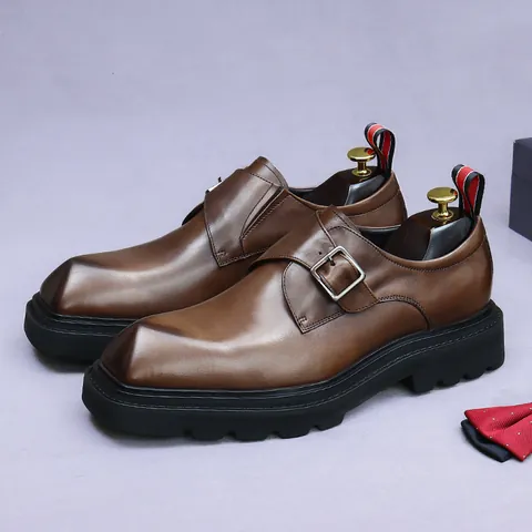 Scarpe Monk da Uomo in Vera Pelle di Vacchetta Punta Quadrata Scarpe Stringate Formali Business Suola Spessa Rialzante Scarpe Gentleman