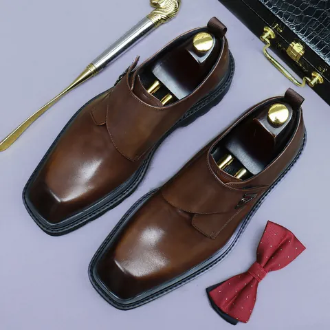 Men's Cowhide Leather Square Toe Monk Strap Business Shoes Height Increasing Formal Wedding Dress Shoes Chunky Sole Footwear
