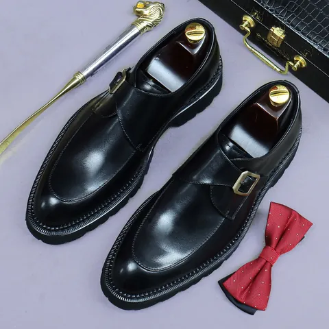 Scarpe Monk Strap da Uomo in Vera Pelle Bovina Fibbia Singola Suola a Carrarmato Scarpe Stringate Business Formali Vintage Brunite