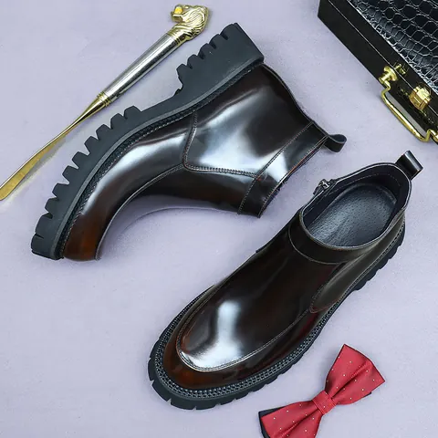 Men's Professional Top Grain Cowhide Leather Martin Boots Side Zipper Thick Sole Platform Business Casual British Shoes