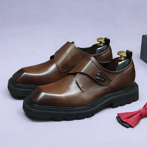 Men's Cowhide Leather Square Toe Monk Strap Business Shoes Height Increasing Formal Wedding Dress Shoes Chunky Sole Footwear