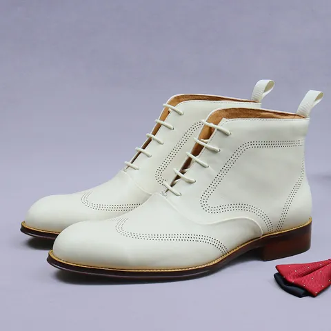 Heren Off-White Echt Leren Brogue Laarzen Wingtip Gesneden Britse Stijl Veterschoenen Zakelijke Formele Schoenen Gentleman Boots