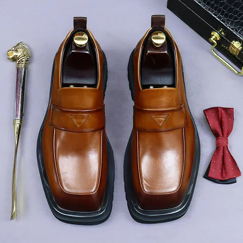 Men Cowhide Leather Penny Loafers British Style Business Formal Square Toe Shoes Thick Sole Height Increasing Wedding Shoes
