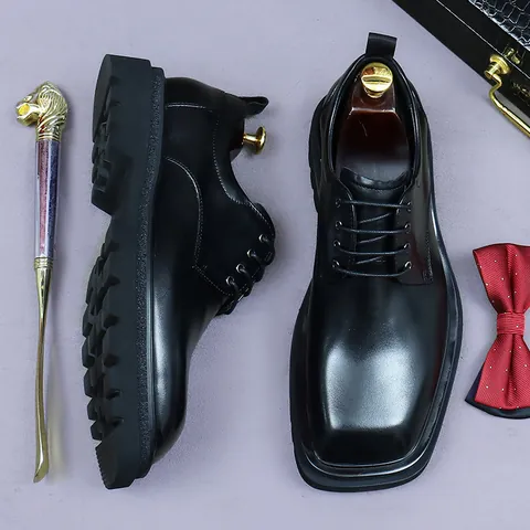 Men's Genuine Cowhide Leather Derby Shoes Square Toe Chunky Thick Sole Lace-up Height Increasing Business Wedding Dress Shoes