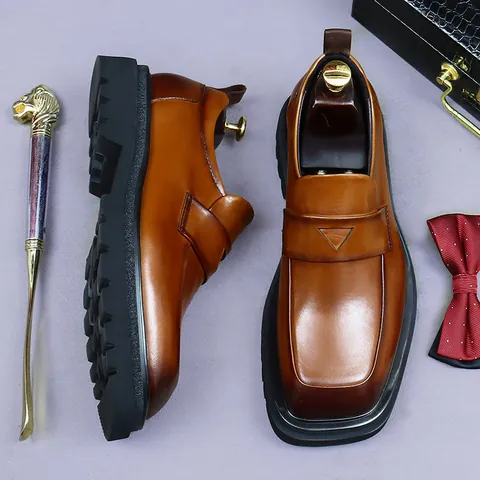 Men Cowhide Leather Penny Loafers British Style Business Formal Square Toe Shoes Thick Sole Height Increasing Wedding Shoes
