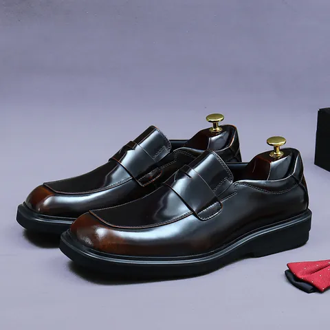 Genuine Cowhide Leather Men's Loafers Burnished Square Toe Breathable Slip-On Formal Business Dress Shoes Wedding Party