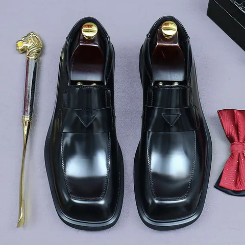 Genuine Cowhide Leather Men's Loafers Burnished Square Toe Breathable Slip-On Formal Business Dress Shoes Wedding Party