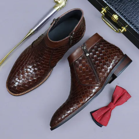 Men's British Style Woven Cowhide Leather Ankle Boots Business Casual Martin Boots With Side Zipper Thick Sole Shoes