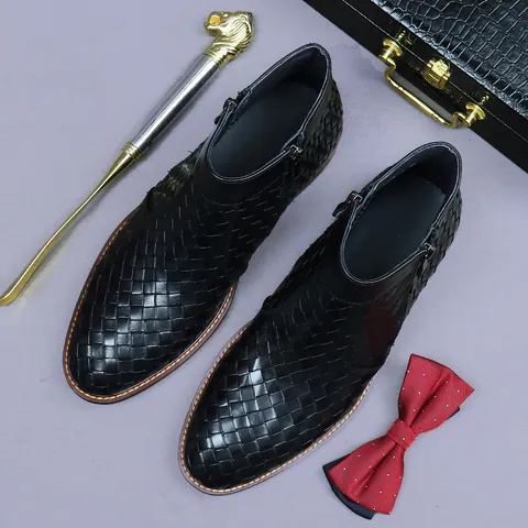 Men's British Style Woven Cowhide Leather Ankle Boots Business Casual Martin Boots With Side Zipper Thick Sole Shoes