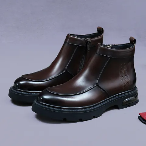 Men Genuine Leather Martin Boots Side Zipper Cowhide Chelsea Short Boots British Style Height Increasing Rubber Sole Winter Footwear