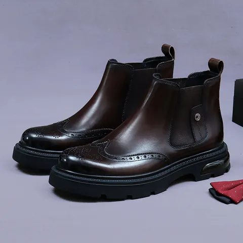 Men Genuine Leather Chelsea Boots Vintage Brogue Wingtip Slip-On Elastic Side Ankle Boots With Anti-Slip Rubber Sole