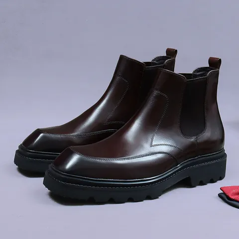 Men's First Layer Cowhide Leather Chelsea Boots British Retro Lug Sole Ankle Boots Height Increasing Business Casual Formal Shoes