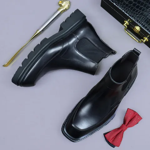 Men's First Layer Cowhide Leather Chelsea Boots British Retro Lug Sole Ankle Boots Height Increasing Business Casual Formal Shoes