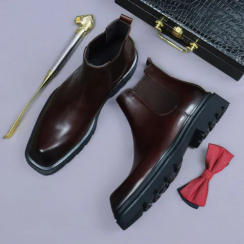 Men First Layer Cowhide Chelsea Boots Business Casual Square Toe Platform Leather Martin Boots Slip On High Top Work Boots