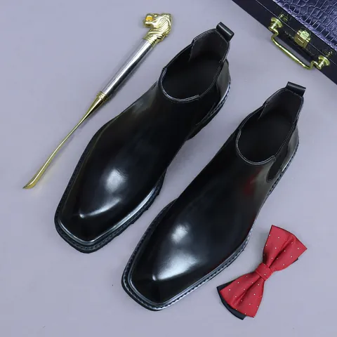 Men First Layer Cowhide Chelsea Boots Business Casual Square Toe Platform Leather Martin Boots Slip On High Top Work Boots