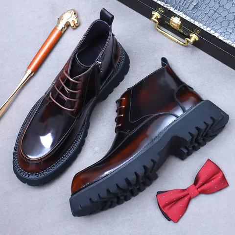Men Martin Boots First Layer Cowhide British Style Height Increasing High Top Side Zipper Leather Boots Casual Business Shoes