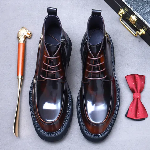 Men Martin Boots First Layer Cowhide British Style Height Increasing High Top Side Zipper Leather Boots Casual Business Shoes