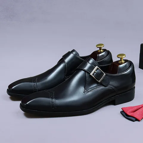 Scarpe Formali in Vera Pelle di Vacchetta da Uomo Monk Strap Business Britannico Intaglio Brogue Scarpe Eleganti con Fibbia per Matrimonio Ufficio