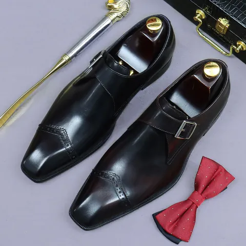 Scarpe Formali in Vera Pelle di Vacchetta da Uomo Monk Strap Business Britannico Intaglio Brogue Scarpe Eleganti con Fibbia per Matrimonio Ufficio