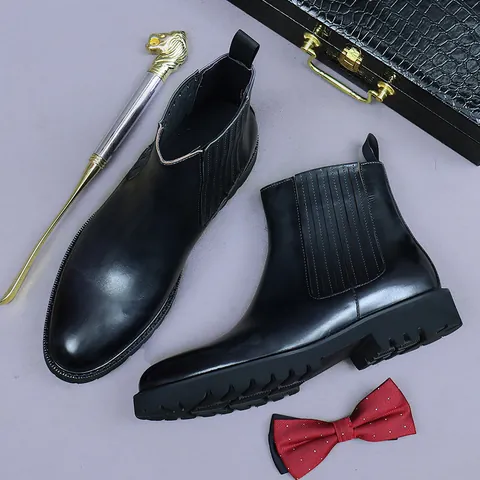 Men's Genuine Leather Chelsea Boots Retro Distressed Cowhide Martin Boots Business Casual Lug Sole Slip-on Boots For Men
