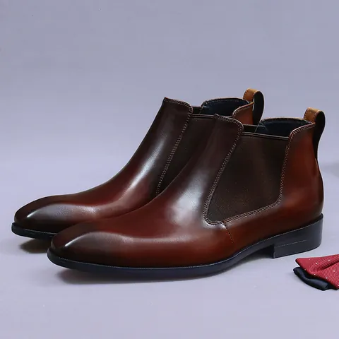 Men's Genuine Cowhide Leather Chelsea Boots Vintage British Style Pointed Toe Low Block Heel Business Casual Formal Ankle Boots