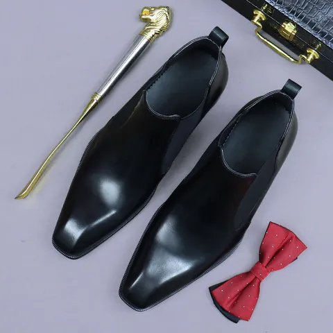 Men's Genuine Cowhide Leather Chelsea Boots Vintage British Style Pointed Toe Low Block Heel Business Casual Formal Ankle Boots