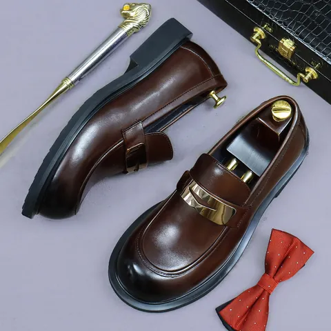 Men Genuine Cowhide Leather Loafers Metal Buckle Slip On Formal Dress Shoes Business Wedding Banquet Office Gentleman Shoes