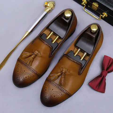 Men Genuine Cowhide Leather Tassel Loafers Vintage British Brogue Carving Business Casual Slip On Gentleman Dress Shoes