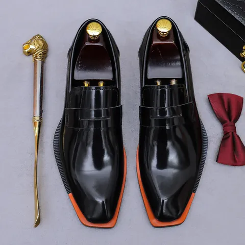 Men's Cowhide Leather Loafers Square Toe Business Formal Shoes Patent Leather Slip-on Dress Shoes With Contrast Orange Sole