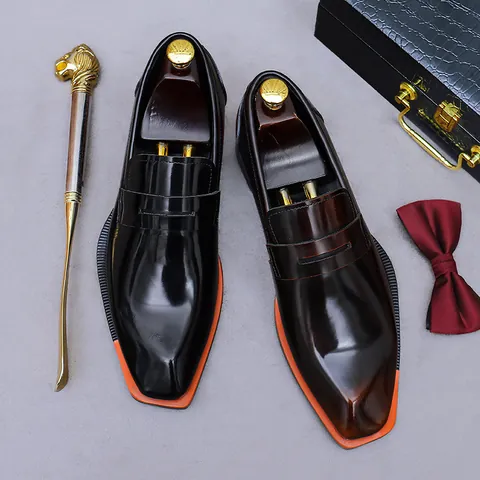 Men's Cowhide Leather Loafers Square Toe Business Formal Shoes Patent Leather Slip-on Dress Shoes With Contrast Orange Sole