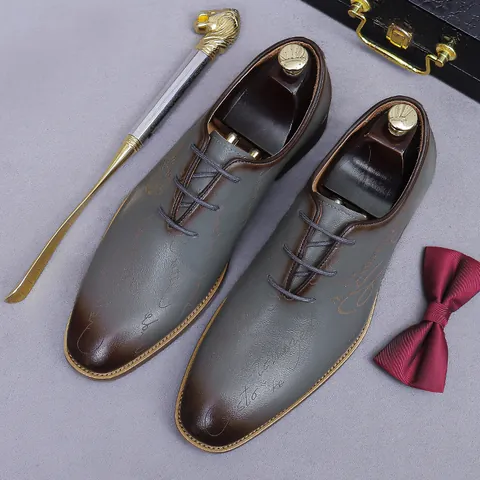 Men's Cowhide Oxford Shoes Scritto Handwritten Script Pattern Business Formal Leather Shoes For Wedding Party Office