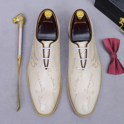 Men's Cowhide Oxford Shoes Scritto Handwritten Script Pattern Business Formal Leather Shoes For Wedding Party Office