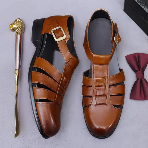 Herren Erste Schicht Rindsleder Geschlossene Sandalen Retro Gewebt Hohl Atmungsaktiv Business Casual Schnallenriemen Schuhe