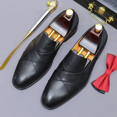 Men Business Formal Cowhide Leather Loafers Criss-Cross Strap Slip-On Dress Shoes Breathable Pigskin Lining Rubber Sole Office Banquet
