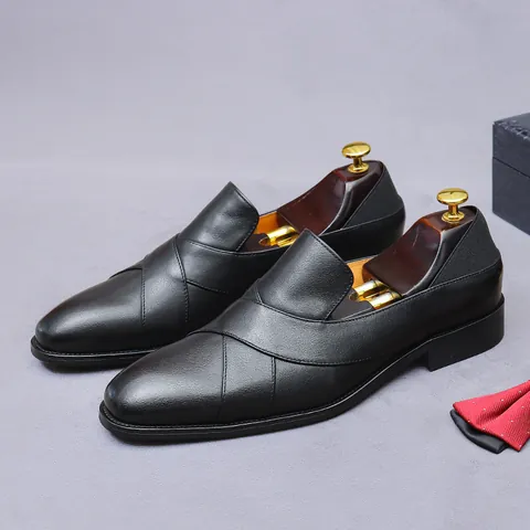Men Business Formal Cowhide Leather Loafers Criss-Cross Strap Slip-On Dress Shoes Breathable Pigskin Lining Rubber Sole Office Banquet