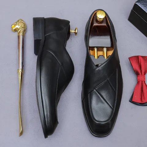 British Style Genuine Cowhide Leather Men's Business Shoes Vintage Formal Wedding Loafers Slip On Dress Shoes For Gentleman