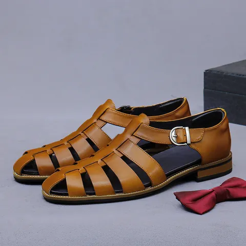 Men Retro Cowhide Leather Fisherman Sandals Closed Toe Woven Buckle Business Casual Dress Shoes For Men Summer Sandals