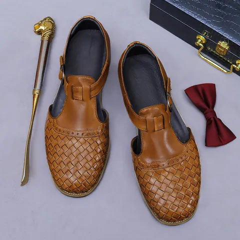 Men Top Layer Cowhide Leather Woven Sandals Business Casual Breathable T-Strap Monk Strap Shoes With Rubber Sole Vintage Brown Black