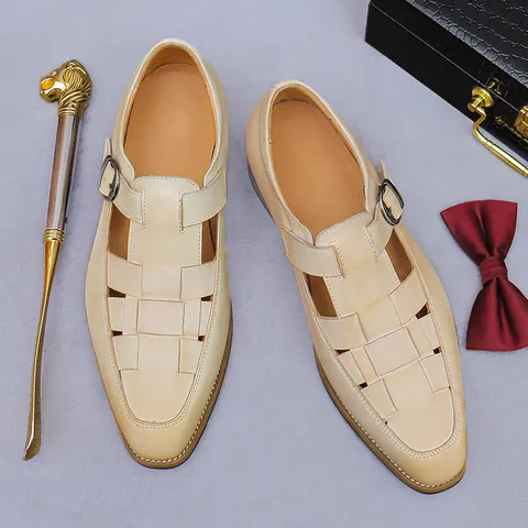 Sandalias de Cuero de Vaca de Grano Superior para Hombre con Hebilla Monk Calado Negocios Informal Zapatos de Cuero Transpirables