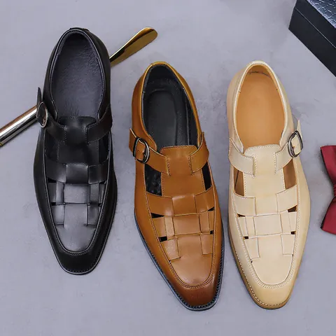 Sandalias de Cuero de Vaca de Grano Superior para Hombre con Hebilla Monk Calado Negocios Informal Zapatos de Cuero Transpirables
