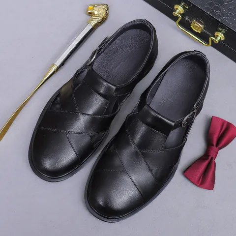 Sandalias de Hombre de Cuero de Vaca de Negocios Punta Cerrada Correa Cruzada Hebilla Transpirable Antideslizante Zapatos de Vestir Casual Oficina