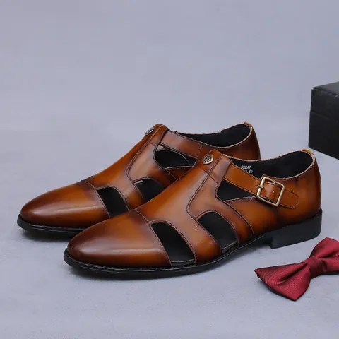 Sandalias de Cuero de Negocios para Hombre Transpirables Caladas de Cuero de Vaca Zapatos Formales Con Hebilla Caballero Casual Marrón