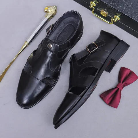 Sandalias de Cuero de Negocios para Hombre Transpirables Caladas de Cuero de Vaca Zapatos Formales Con Hebilla Caballero Casual Marrón