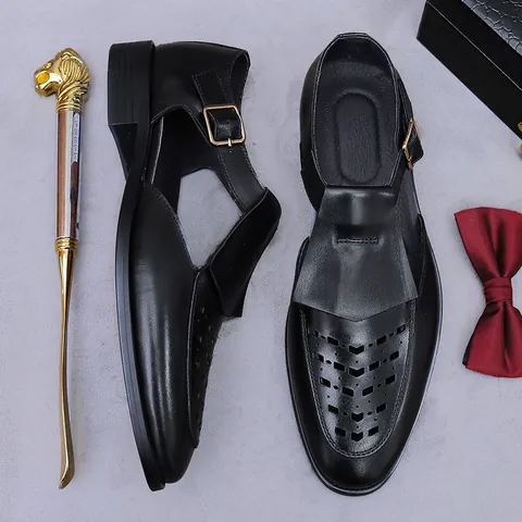 Sandali da Uomo in Vera Pelle Traforata Business Casual Scarpe Eleganti in Pelle Bovina con Fibbia Stile Britannico