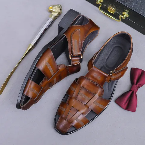 Sandalias de Hombre de Cuero de Vaca de Primera Capa Tejidas Punta Cerrada Zapatos Business Casual Con Hebilla Transpirables Retro
