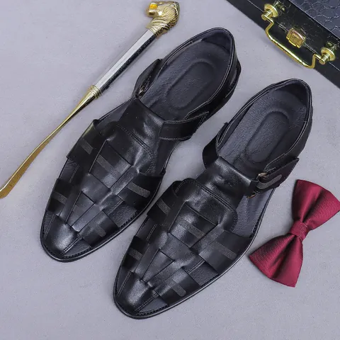 Sandalias de Hombre de Cuero de Vaca de Primera Capa Tejidas Punta Cerrada Zapatos Business Casual Con Hebilla Transpirables Retro