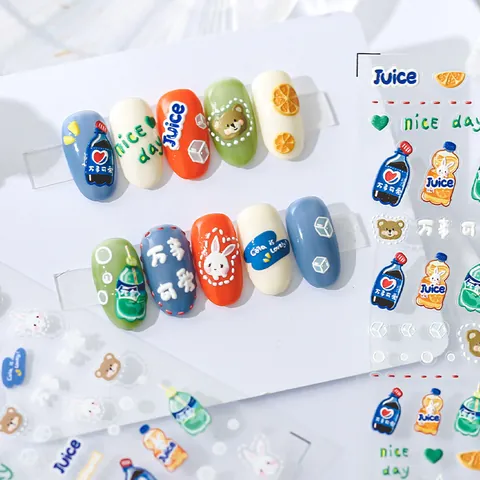 Cute 3D Embossed Cartoon Nail Art Stickers Beverage Juice Soda Bottle Animal Patterns Back Adhesive Nail Decal Decoration