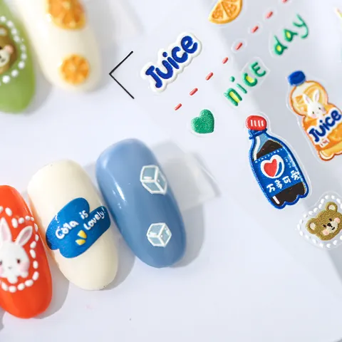 Cute 3D Embossed Cartoon Nail Art Stickers Beverage Juice Soda Bottle Animal Patterns Back Adhesive Nail Decal Decoration