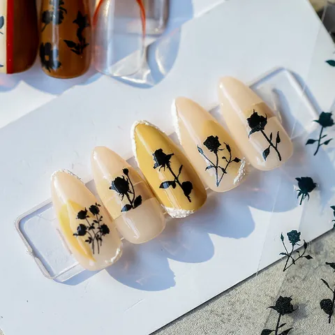 Japanese Style Matte Thin Nail Art Stickers Retro Floral Rose Patterns Adhesive Manicure Decals For Women Beauty Nail Decor